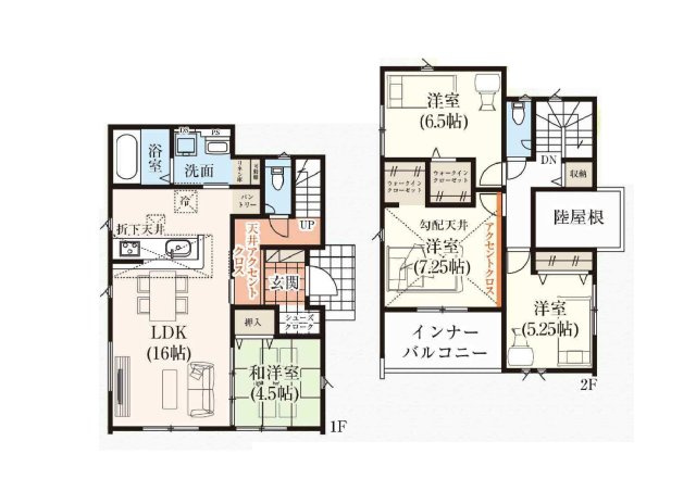 新築　太田市新田高尾町　GRAFARE　2号棟の間取り|建物面積105.16㎡　シューズインクローク・ウォークインクローゼット・各部屋収納付きで便利です！インナーバルコニーなので突然の雨でもお洗濯物も安心です♪
