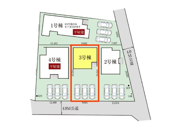新築　太田市新田高尾町　GRAFARE　3号棟の区画図|3号棟　区画図　南側接道幅員約4ｍ			
	
			
	
