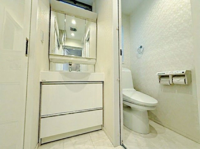 板橋区東山町の独立洗面台|使いやすい三面鏡の洗面台
鏡裏やベースキャビネットなど収納が豊富なので水回りをキレイにお使い頂ける