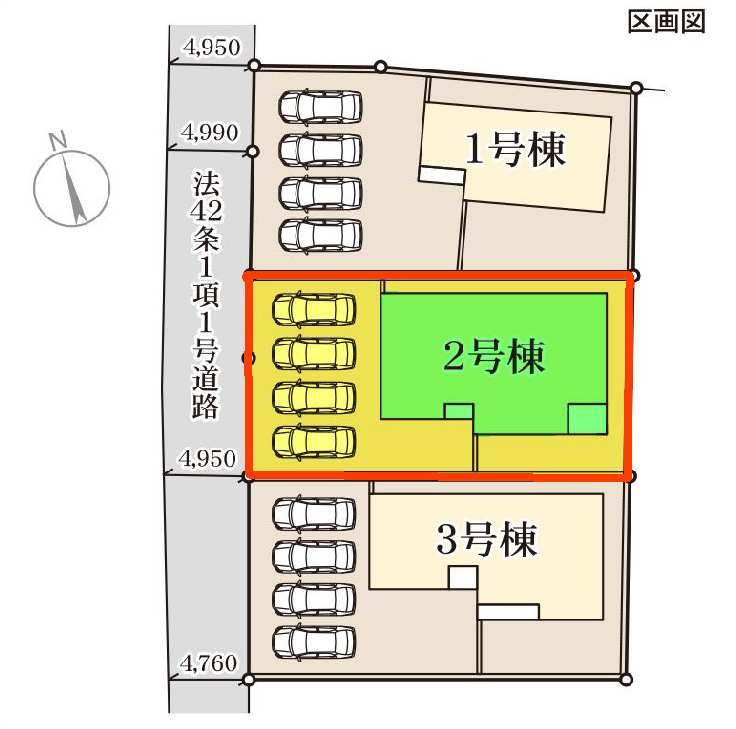 新築　太田市新田花香塚町第１　Livele Garden.S　2号棟の区画図|2号棟　区画図　西側接道幅員約4.7ｍ			
	
