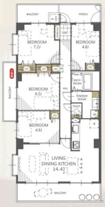 4LDKのお部屋で角部屋の為、3面バルコニーで日当たり通風良好です