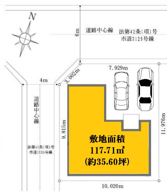 三郷市上彦名　新築戸建　全1棟の区画図|角地ならではのゆとりある配置で、落ち着いた暮らしが叶います。