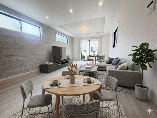 三郷市上彦名　新築戸建　全1棟の居間・リビング|現況の物件写真にCGによる画像処理を行っています。家具、家電、小物、カーテン等はイメージはCGです。