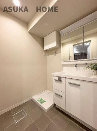 サングレイス横浜駅東の独立洗面台|洗面室の様子になります。収納たっぷりな洗面化粧台です。