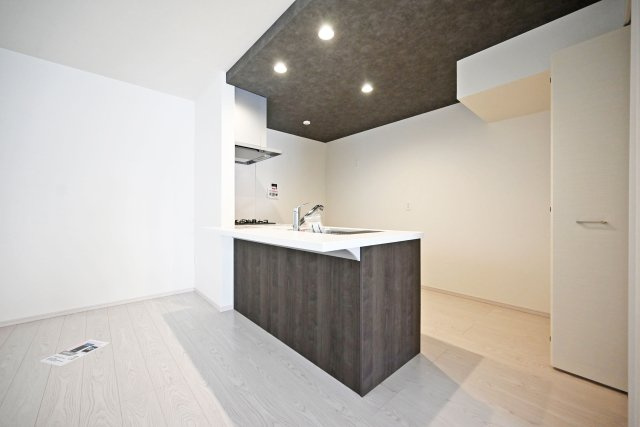 テラシエ松ケ丘2丁目新築一戸建て│4LDK+駐車駐輪のキッチン|キッチン上部は折下天井を採用でデザイン性を向上させています。ダウンライトを4基採用し、作業性を確保。
