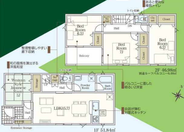 クレイドルガーデン富岡市七日市第５　１号棟の間取り|収納充実♪南向きの4LDKで陽当たり良好な間取りです！
土地面積281.80㎡、建物面積98.82㎡で十分な広さです！