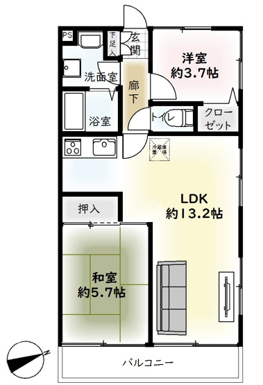 【間取り】 | □■セザール第二秦野■□ | 【2LDK】LDK13.2帖・和室5.7帖・洋室3.7帖