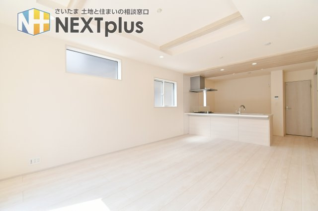 蓮田市馬込2丁目　全1棟の居間・リビング|家具の配置がしやすいフラットな大空間は、家族のライフスタイルに合わせたレイアウトが可能です。機能的なペニンシュラキッチンと調和したデザインが、毎日の暮らしを豊かに彩るモダンな邸宅を実現します。