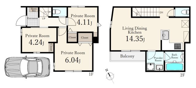 東京都練馬区北町5丁目 限定1区画の参考プラン|建物参考プラン
建物面積74.79㎡　(車庫面積10.60㎡含)
2階建　3LDK　カースペース付
建物参考価格2134万円