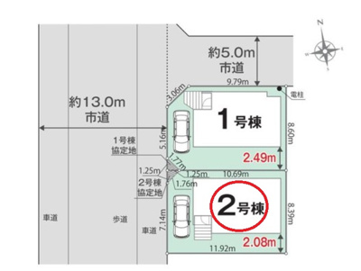 【区画図】 | 所沢市中新井４丁目　全２棟　２号棟 | ２号棟　カースペース１台分　前面道路が約１３ｍあるので駐車もスムーズに行えます