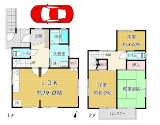 【間取り】 | 諏訪一丁目戸建　耐震診断！補強工事実施！室内キレイ！ | トイレ２か所！収納充実！２ウェイ動線のLDK！カーポート付きです！