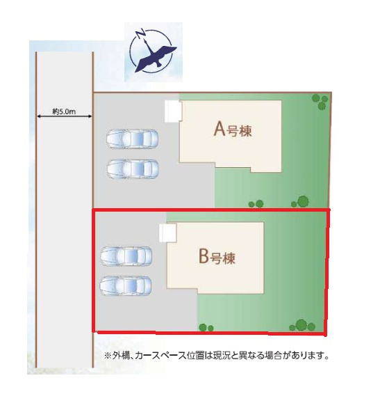 ハートフルタウン 　堀町2086番　Bの区画図|並列駐車可能です。内覧、他の物件と合わせての現地ご案内も可能です！HPから、またお電話でも、お気軽にお問い合わせください。