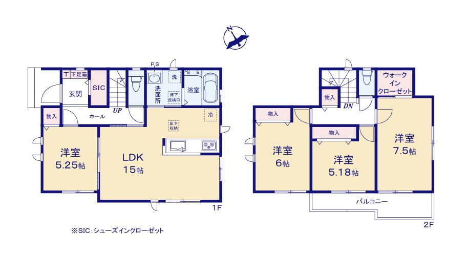 ハートフルタウン 　堀町2086番　Bの間取り|　
☆水廻りコンパクトで家事動線ラクラク♪各部屋を最大限に広く使って頂けるよう、全居室に大容量の収納付き。SIC配備で玄関もスッキリ片付きます。全室明るい南西向き！