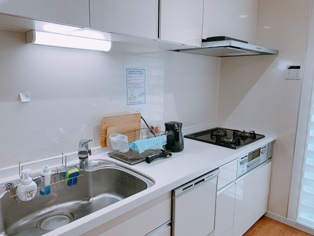 ぬこハウス堀切のキッチン|広々としたシステムキッチン。３口のガスコンロ、広い調理台、大きなシンクと料理づくりも楽しくなります。