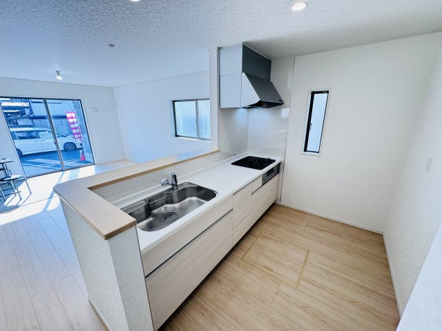 柏市西原１丁目新築戸建【西原小学校：10分】のキッチン|広々システムキッチン・シンクの水栓には浄水器がついてます！