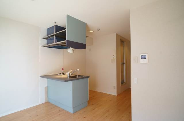 ハイツエバグリーンⅡの居間・リビング|カウンターキッチンのおしゃれなワンルーム♪