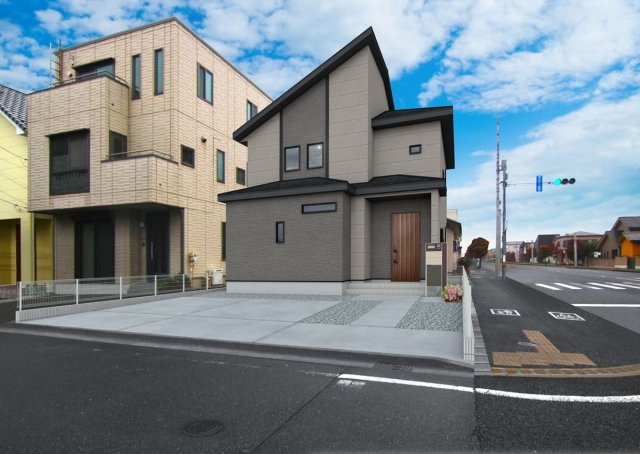 【外観パース】 | ブルーミングガーデン前橋市六供町1丁目ー① | （完成予想図）
JR前橋駅まで1.2Km！城南小学校まで徒歩7分とお子様の通学も安心！