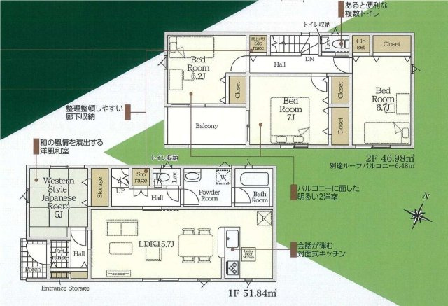 新築　富岡市七日市第５　クレイドルガーデン　１号棟の間取り|建物面積98.82㎡　各部屋収納付きで便利です！日当たりの良いバルコニーはお洗濯物もよく乾きそうです◎
						
