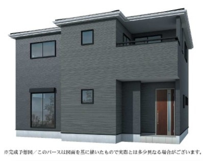 蓮田市根金　全1棟の完成予想図|【完成予想図】外観イメージ。土地165㎡超のゆとりに建物110㎡超の4LDKを計画。並列2台駐車（車種による）を確保し、前面道路幅4.0mで出入りもしやすい想定です。現地で日当たりと周辺環境も確認を。