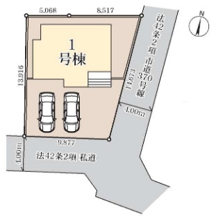 蓮田市根金　全1棟の区画図|【区画図】敷地形状と駐車計画が分かる配置図。敷地165.02㎡で建物まわりにゆとりがあり、並列2台駐車（車種による）を確保。前面道路幅4.0mのため、切り返しや車の動線は現地で体感してください。