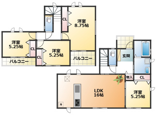【間取り】 | ハートフルタウン宇都宮市富士見が丘3丁目132番　A号棟 | 全室南向きで陽当たりの良い間取りです