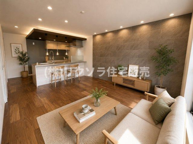 緑が丘1丁目　中古一戸建ての居間・リビング|LDK15.0帖　※この画像はAIによるバーチャルステージング画像です。
実際の物件には家具・インテリアは含まれません。
■物件内覧・資金計画相談・住宅ローン相談、リフォーム相談、お問合せ受付中■