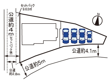 小牧市二重堀　新築戸建の区画図|南西角地。駐車場並列４台可（車種による）