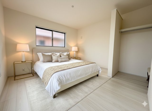 三郷市早稲田7丁目　新築戸建　全1棟の寝室|現況の物件写真にCGによる画像処理を行っています。家具、家電、小物、カーテン等はイメージはCGです。