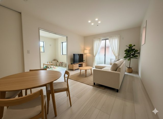 三郷市早稲田7丁目　新築戸建　全1棟の居間・リビング|現況の物件写真にCGによる画像処理を行っています。家具、家電、小物、カーテン等はイメージはCGです。