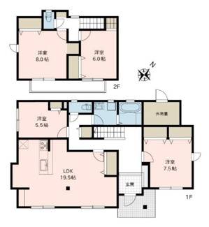 【間取り】 | 南アルプス市飯野 内外装一新 中古戸建 敷地85坪 全洋室 | リビング19.5帖　内外装フルリフォームで生まれ変わりました。　124.70平米の大型間取り