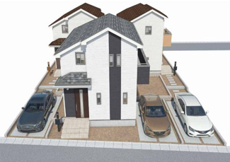 【外観パース】 | 【仲介手数料無料！！】日野市落川　新築戸建て（全3棟）A号棟　4490万円 | 本パースは、イメージ図につき、風景、建物、植栽などについては施工後の現物との差異が生じます
つきまして本パースによって生じたいかなる損害については一切責任を負いません