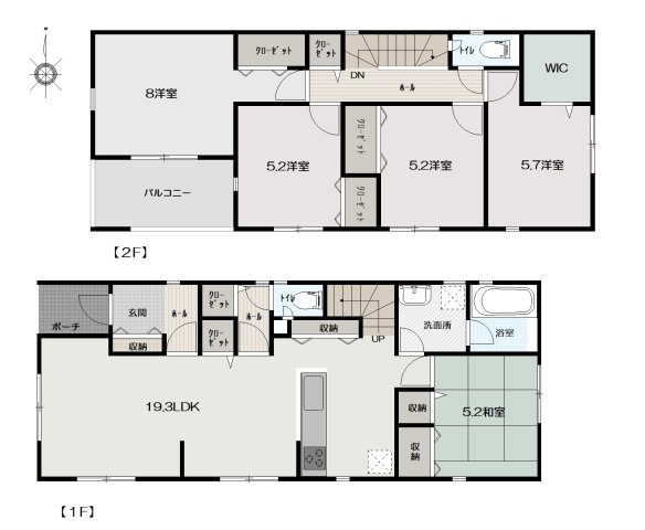 高知市南金田-5号棟- 新築戸建ての間取り|２世帯としても暮らせる広々とした５LDKの間取り設計です。１階の18畳以上あるLDKと和室を中心に、２階には独立性の高い居室を配置し、全室南向きで陽当りと風通しに優れた機能的な構成です。
