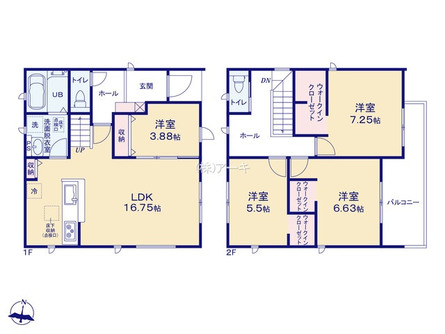 半田市向山町3-67-1『仲介手数料無料』新築戸建ての間取り|　2号棟　1F:LDK16.75帖に隣接する洋室3.88帖　CL設置はお子様の遊び場・奥様の家事室に便利！キッチン収納♪2F:主寝室7.25帖・洋室6.63帖・洋室5.5帖　WIC設置！バルコニー♪