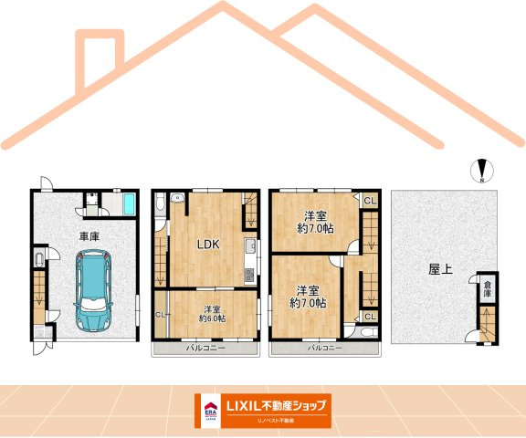 生野区桃谷５丁目の間取り|屋上付きの3LDK！各階にお手洗いがございます。
2.3階にはバルコニーもございます♪