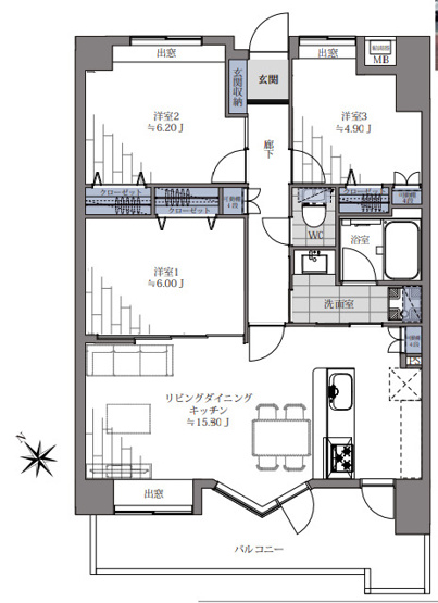 【間取り】 | ダイナコートエスパシオ笹丘 | 2階のお部屋で階下住戸がないので、元気な盛りのお子様がいるファミリーでも安心してお過ごしいただけます