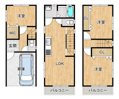 【土地図＋建物プラン例】 | 遠里小野５丁目　売土地 | 【建物プラン例】建物面積：83.62m2、建物価格2100万円！自由設計可能です！