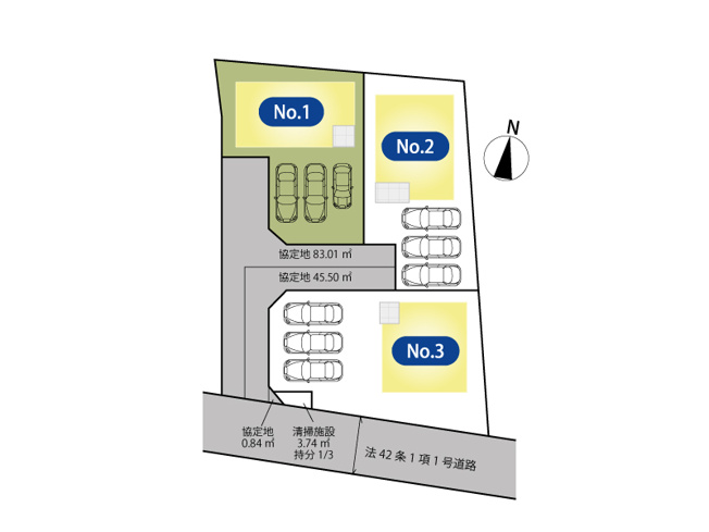 【区画図】 | 富士見市下南畑　新築一戸建住宅　全3棟　(志木本店) | ゆとりのカースペース3台分。来客時にも便利です。（※1台軽自動車対応）