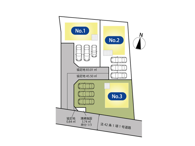 【区画図】 | 富士見市下南畑　新築一戸建住宅　全3棟　(志木本店) | ゆとりのカースペース3台分。来客時にも便利です。