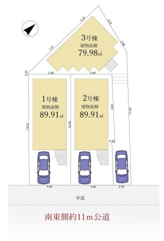 練馬区平和台1丁目 全3棟 1号棟の区画図|伸びやかな南東側約11ｍ公道に面する全3棟