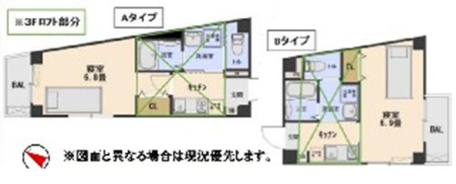 レヴァンテ宝塚の間取り|１Kタイプ６戸です（３階部分はロフト付）