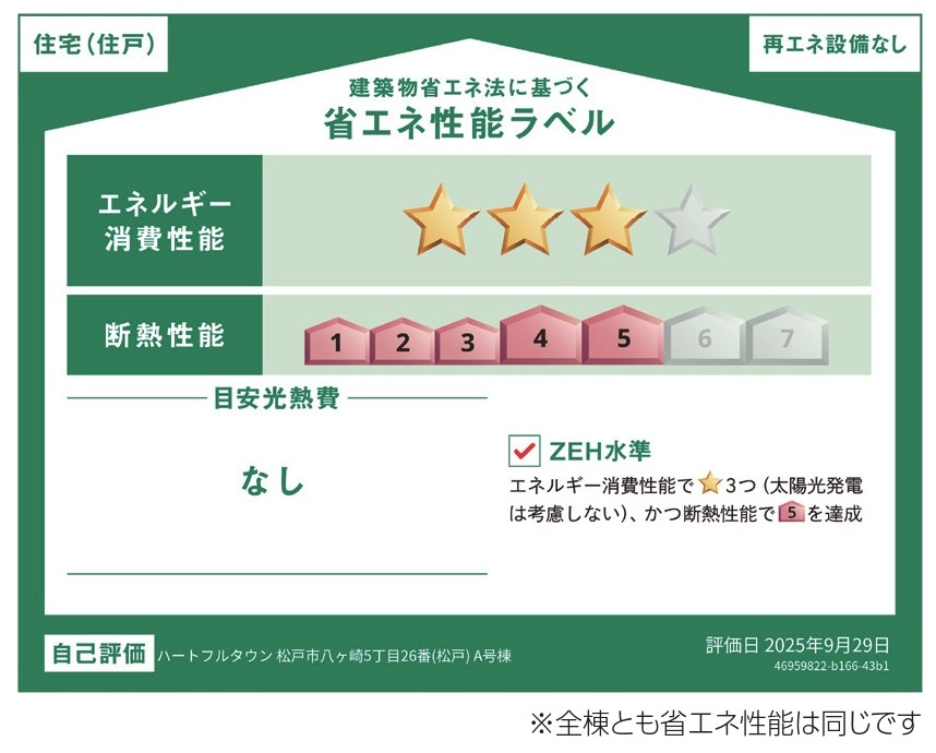 松戸市八ケ崎５丁目新築戸建【八ヶ崎小学校：7分】の省エネ性能ラベル|省エネ性能ラベル・ZEH水準