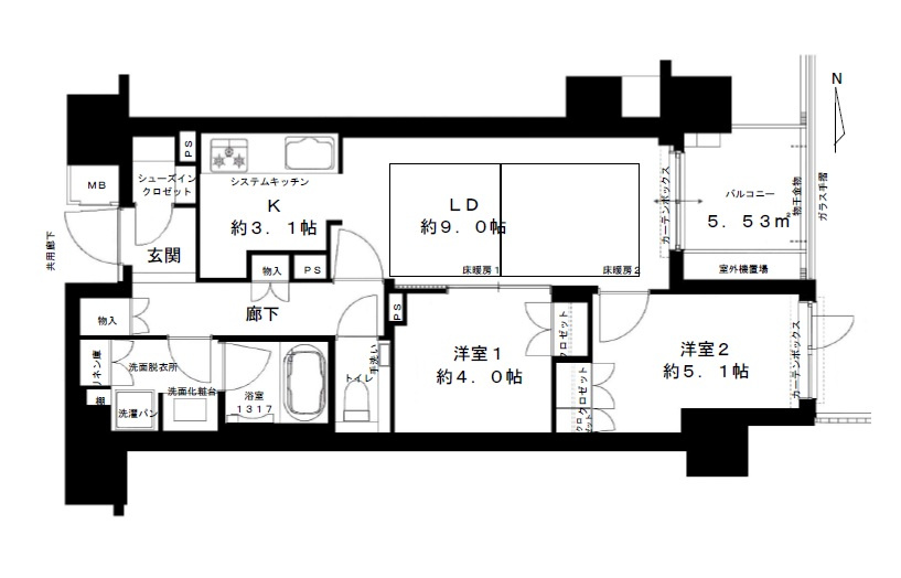 クラッシィハウス御池柳馬場の間取り|2LDK、価格7480万円、専有面積53.39m2、バルコニー面積5.53m2