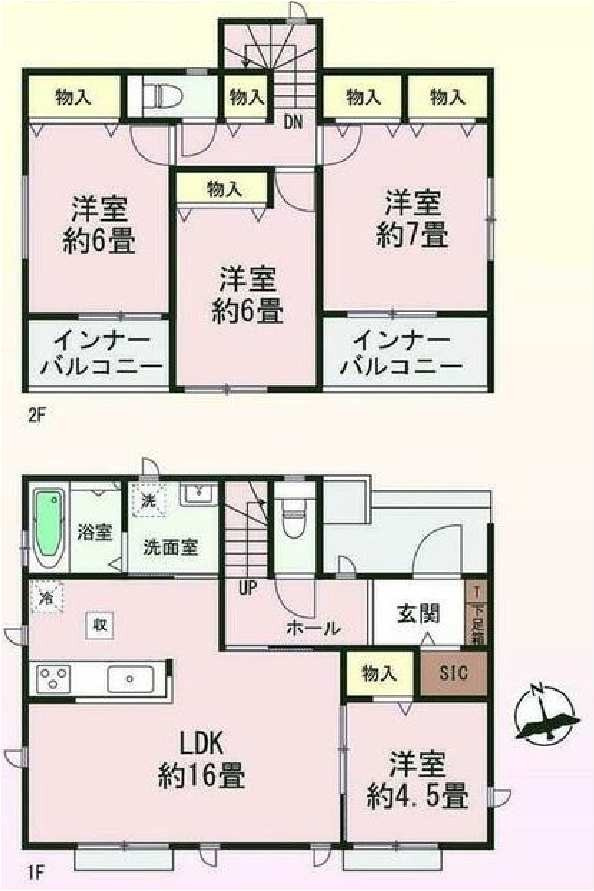 新築　佐波郡玉村町南玉　Heartful　Town　１号棟の間取り|建物面積105.99㎡　全居室南向きで日当たり良好！シューズインクローク・各部屋収納付きで便利です！インナーバルコニーなので突然の雨でもお洗濯物も安心です♪

