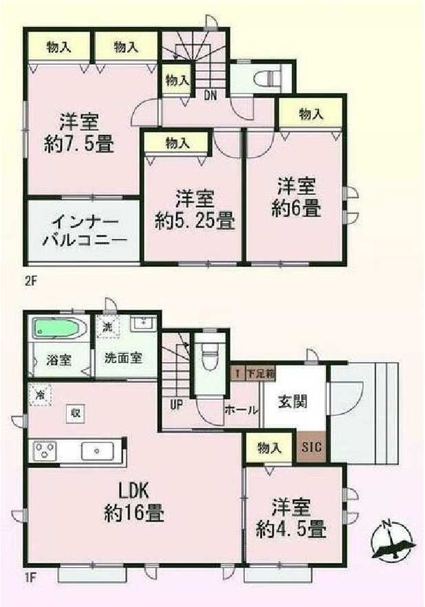 新築　佐波郡玉村町南玉　Heartful　Town　2号棟の間取り|建物面積103.50㎡　全居室南向きで日当たり良好！シューズインクローク・各部屋収納付きで便利です！インナーバルコニーなので突然の雨でもお洗濯物も安心です♪
