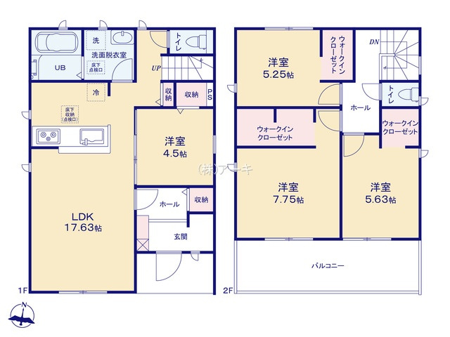 半田市向山町3-67-1『仲介手数料無料』新築戸建ての間取り|　3号棟　1F:LDK17.63帖に隣接する洋室4.5帖　CL設置はお子様の遊び場・奥様の家事室に便利！土間収納♪2F:主寝室7.75帖・洋室5.63帖・洋室5.25帖　WIC設置！南面バルコニー♪