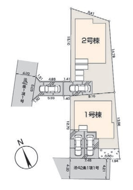飯能市飯能・全2棟　新築一戸建　1号棟　～畳コーナーあり～の区画図|1号棟は南道路、並列2台可能なカースペースがございます。