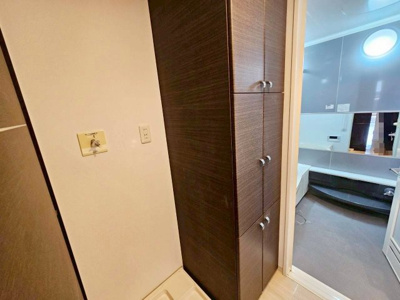 【脱衣所】 | ロイヤルグラン逆瀬川 | バスタオルや洗剤のストックなどの収納に便利