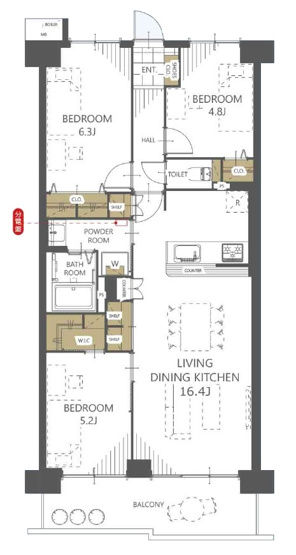 【間取り】 | モアコート志木　(志木本店) | 南西向きにつき陽当たり良好な住空間。
水回りが集中しているので家事動線も良好です。