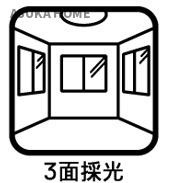 南区西中町３丁目の居間・リビング|２階のリビングで、３面採光になります。通風、陽当たり良好ですね。