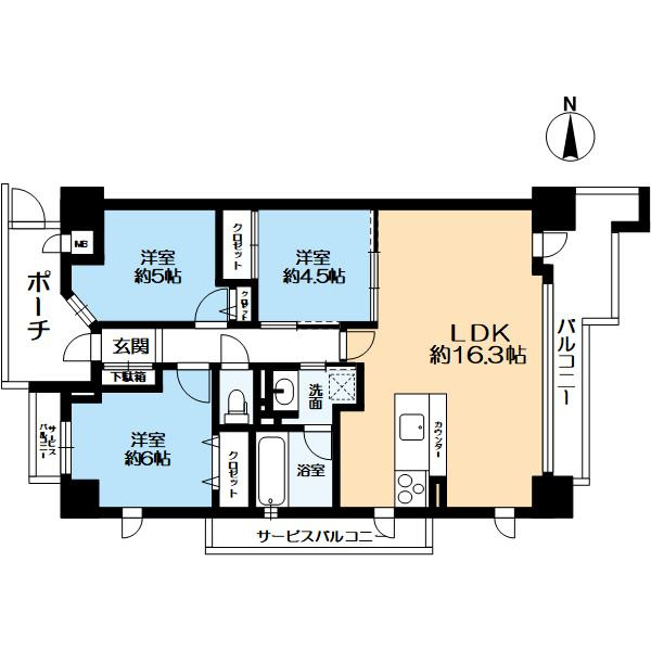 ベルヴィ高瀬川の間取り|69.65㎡の3LDK。東向きバルコニーの間取りです。